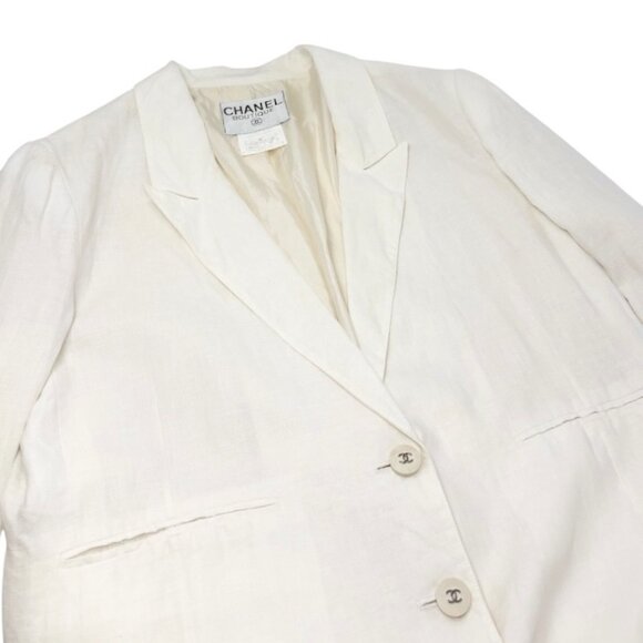 CHANEL Vintage 96P CC Mark Logo Jacket Silver Button #38 White Linen [106330] - Picture 5 of 11